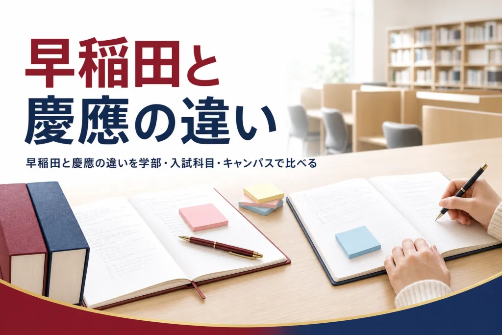 早稲田と慶應の違いを、学部・入試科目・キャンパスで比べる記事のアイキャッチ
