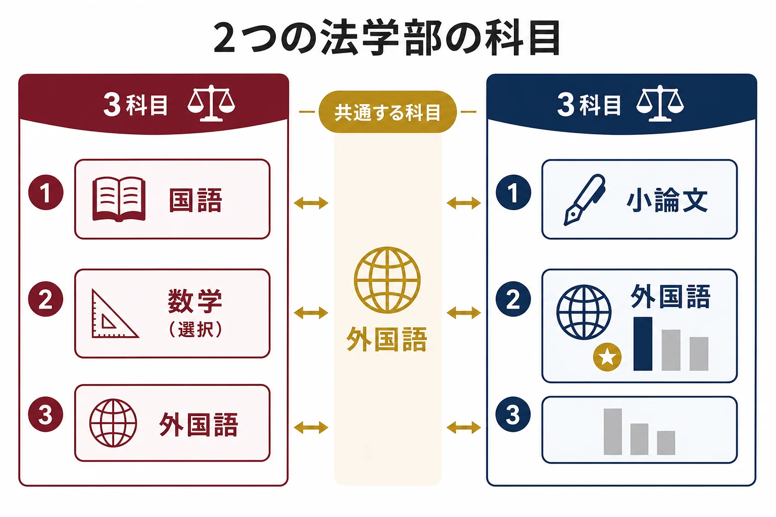 早稲田法学部と慶應法学部の一般選抜の科目を、外国語・国語・地歴・小論文に分けて並べた図解
