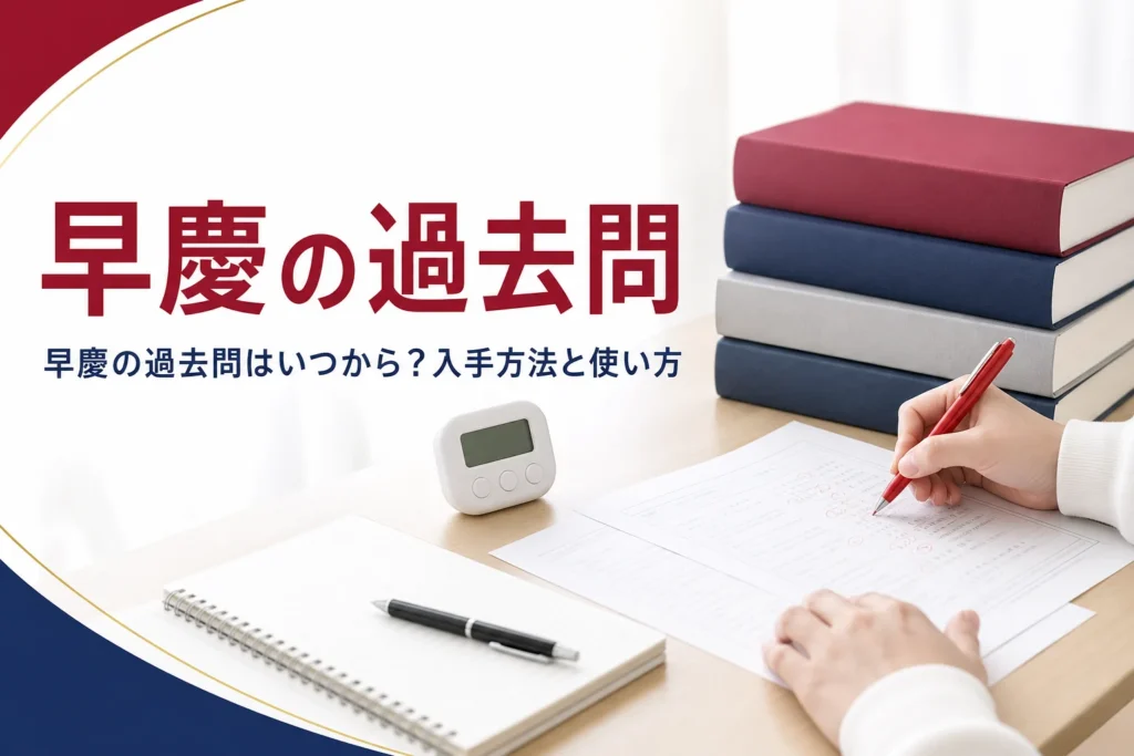 早慶の過去問を始める時期と入手方法、使い方を解説する記事のアイキャッチ