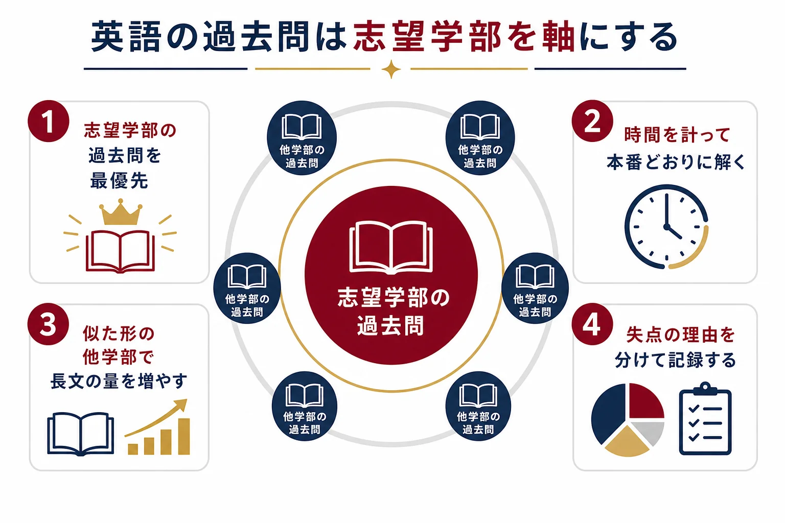 早慶の英語過去問を、志望学部の過去問を軸に、似た形の他学部で量を増やす使い分けを示した図解