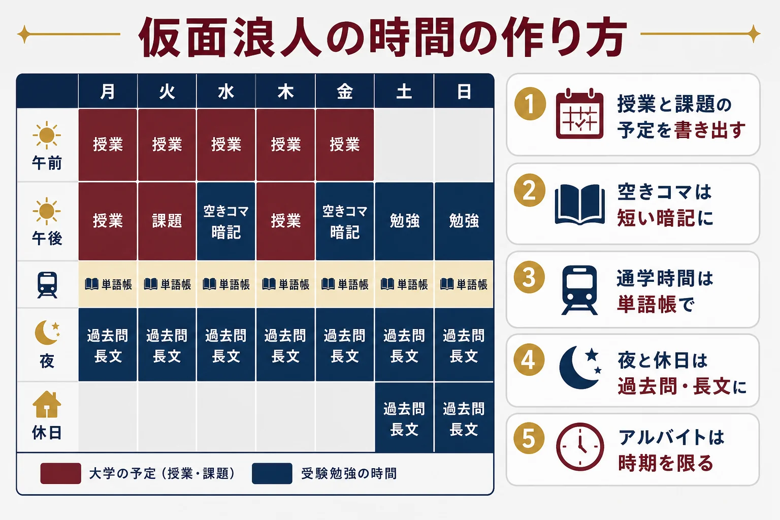 大学の授業・課題・アルバイトの予定を先に置き、空きコマや通学時間に受験勉強を割り振る仮面浪人の時間の作り方の図解