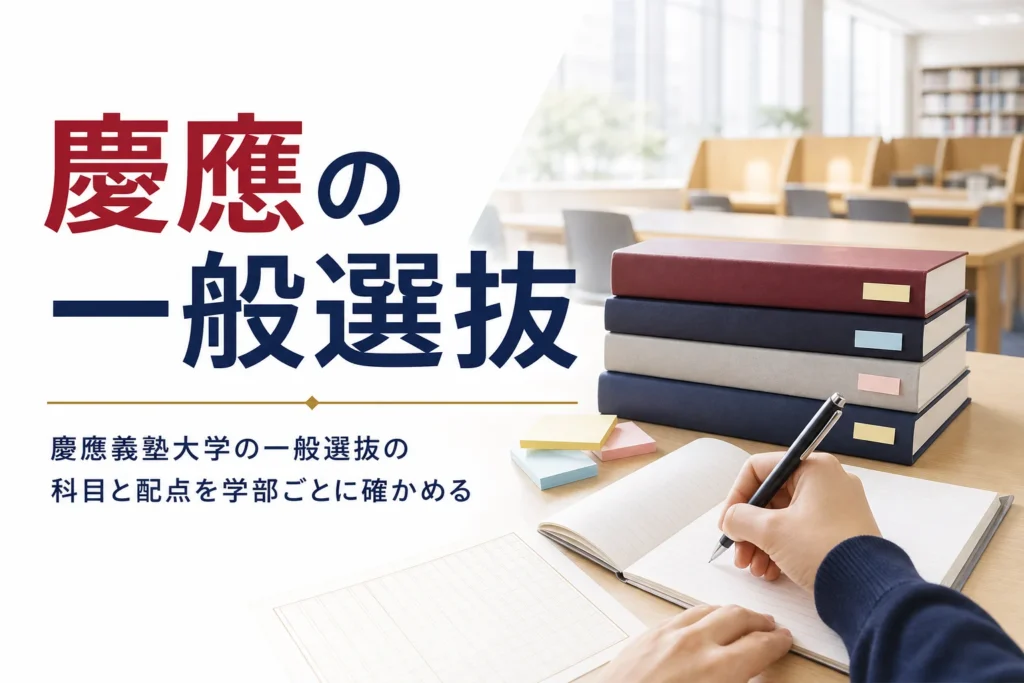 慶應義塾大学の一般選抜の学部ごとの科目と配点の確かめ方を解説する記事のアイキャッチ