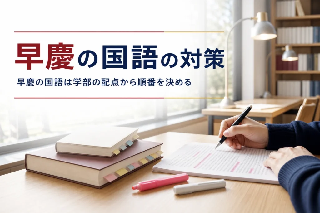 早慶の国語で、現代文・古文の対策の順番と学部ごとの確かめ方を解説する記事のアイキャッチ