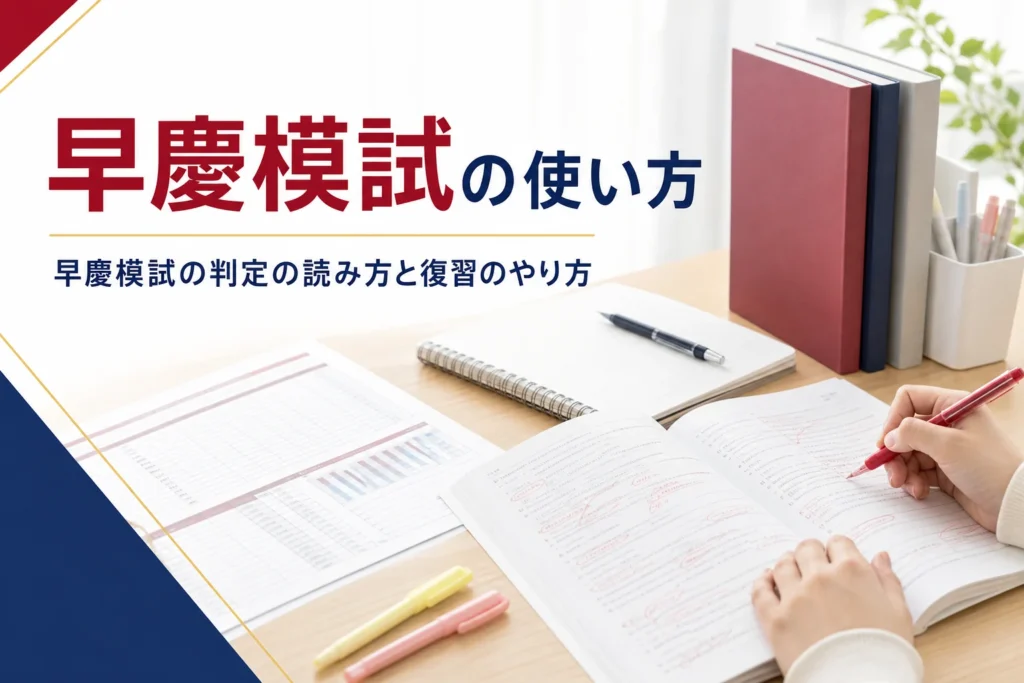 早慶を目指す人の模試の使い方を、判定の読み方と模試後の復習で解説する記事のアイキャッチ