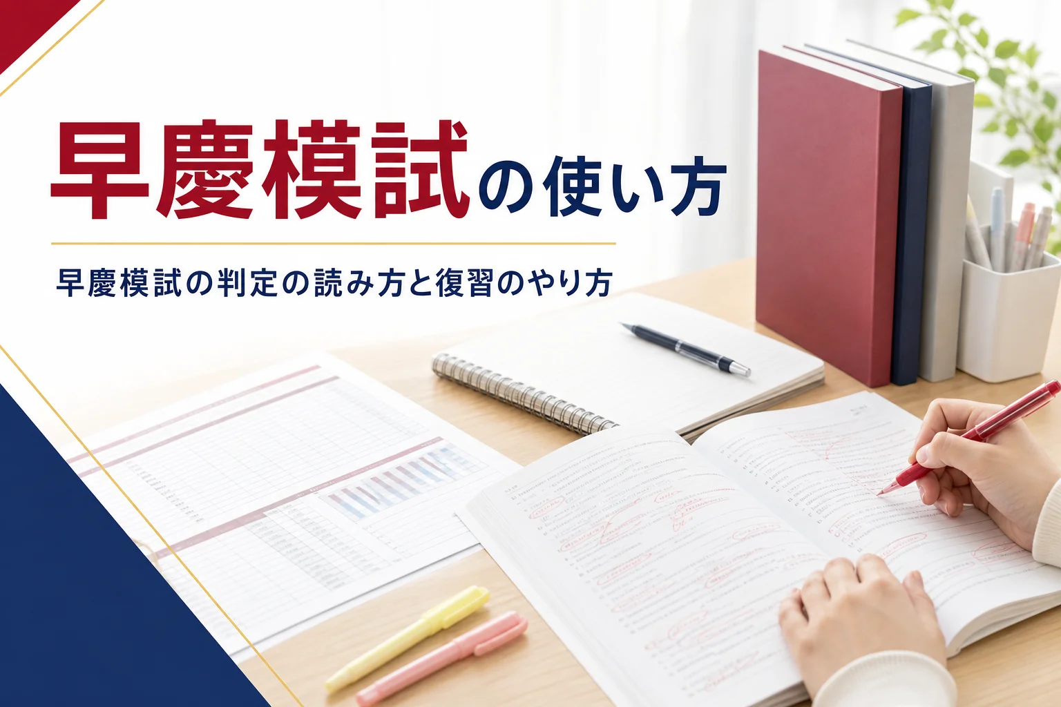 早慶を目指す人の模試の使い方を、判定の読み方と模試後の復習で解説する記事のアイキャッチ