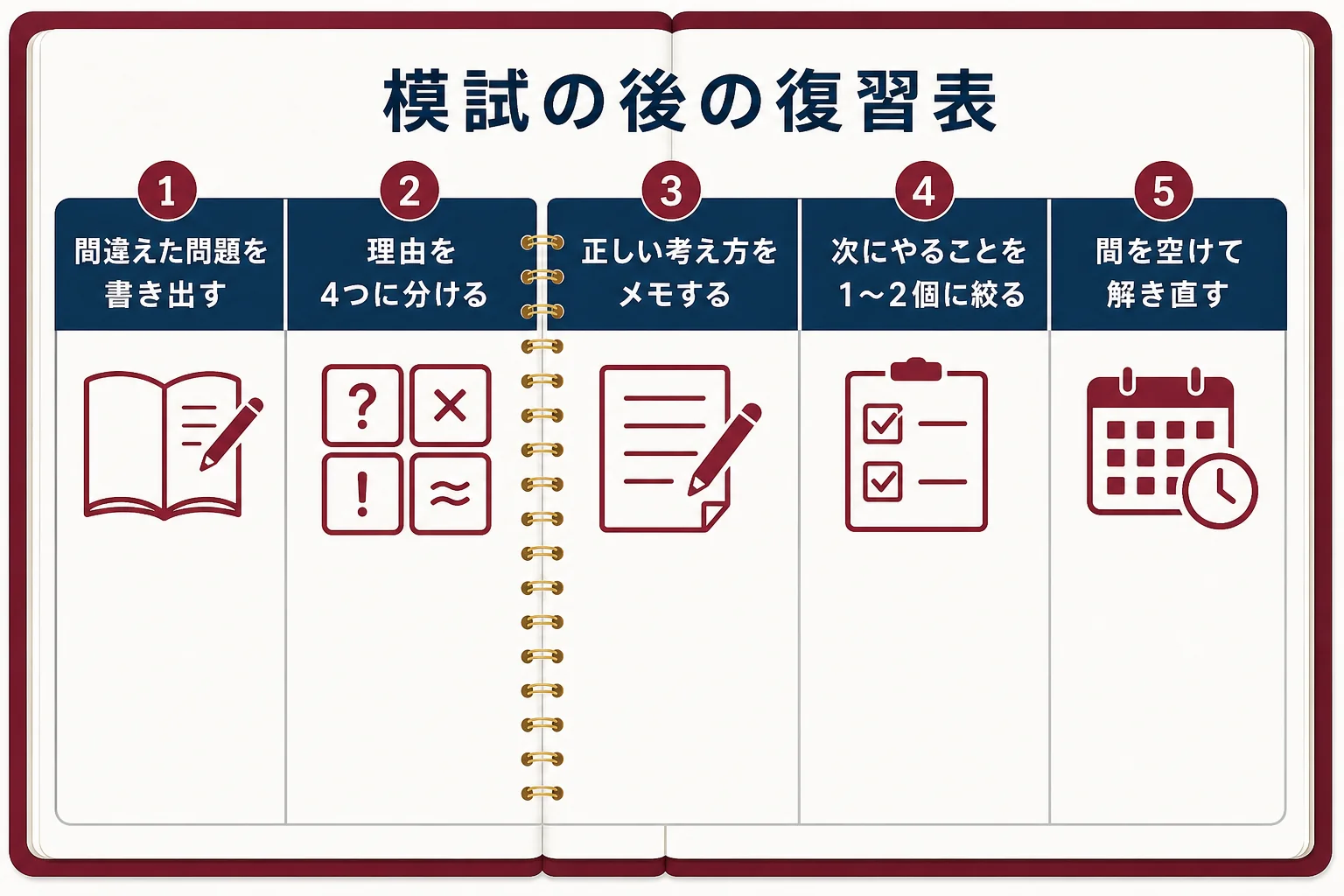 模試の後の復習を、間違えた問題の書き出し・理由の分類・正しい考え方・次にやること・解き直しの5つの項目で示した図解