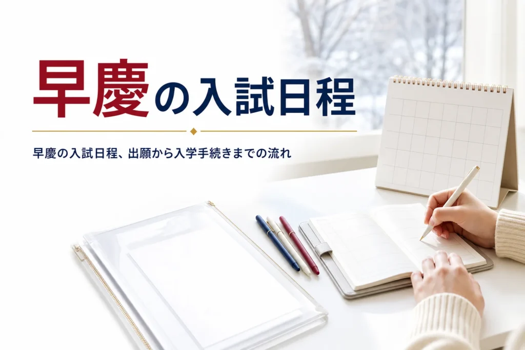 早慶の2027年度一般選抜の入試日程と、出願から入学手続きまでの流れを解説する記事のアイキャッチ