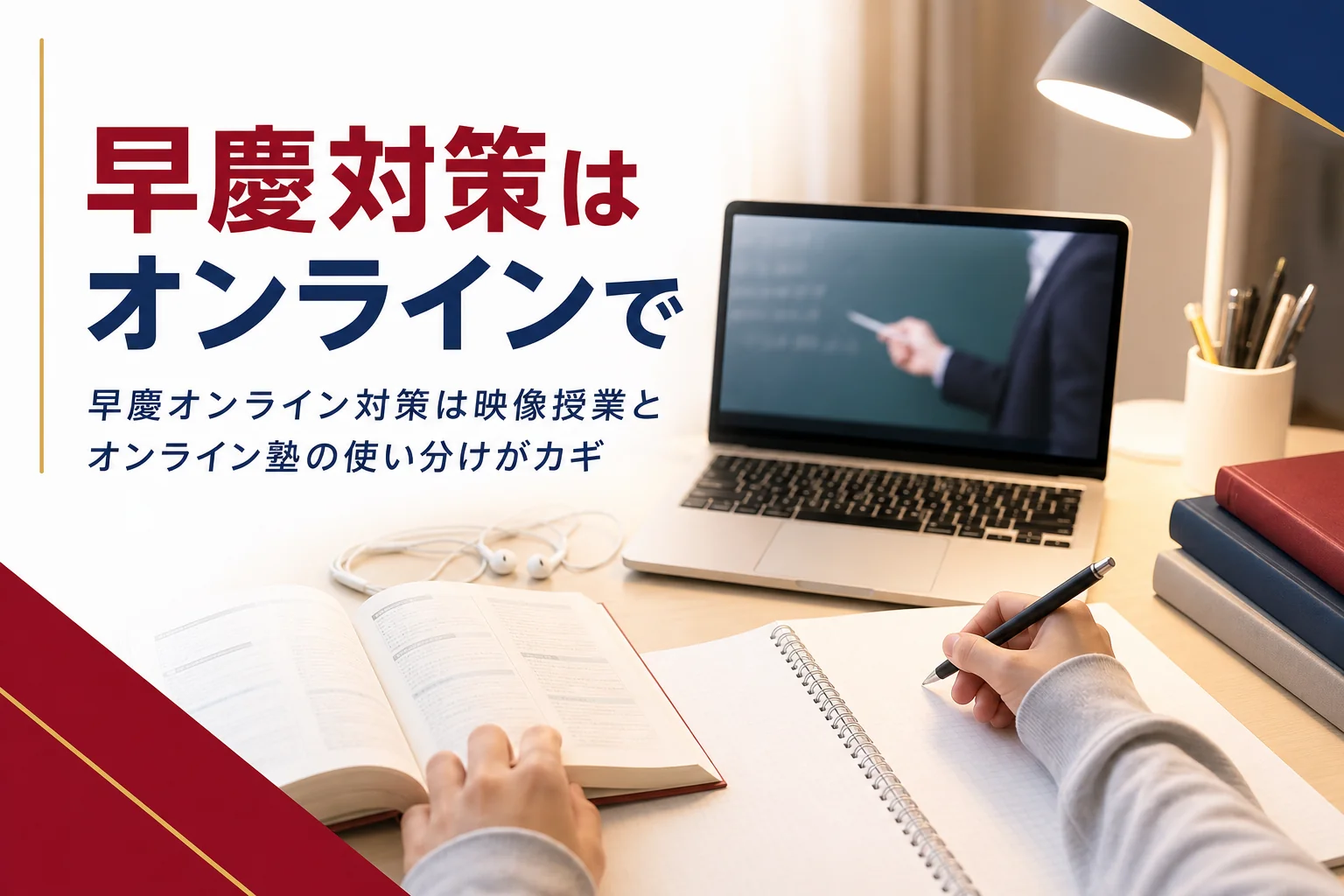 早慶対策をオンラインで進める時の映像授業とオンライン塾の使い分けを解説する記事のアイキャッチ