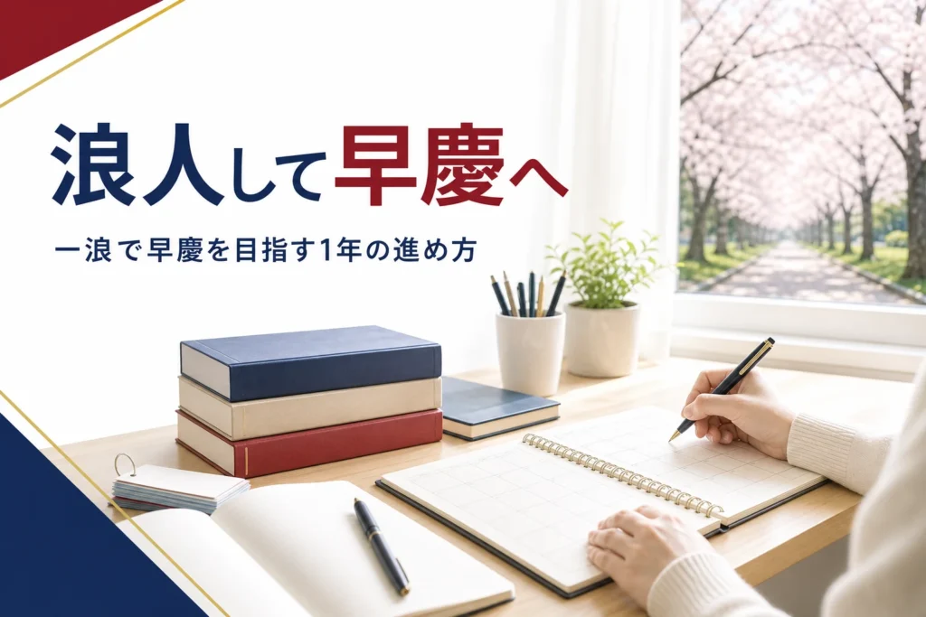 浪人して早慶を目指す人に向けて、一浪で合格を狙う1年の進め方を解説する記事のアイキャッチ