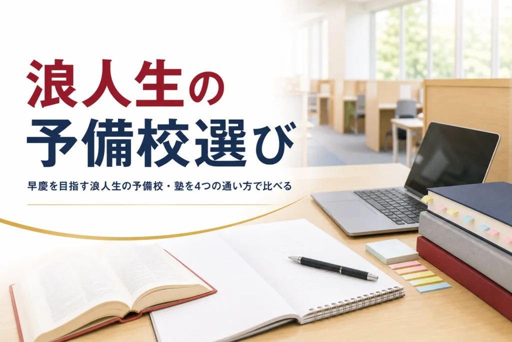 早慶を目指す浪人生の予備校・塾の選び方を、4つの通い方の比較と無料体験で聞く質問で解説する記事のアイキャッチ