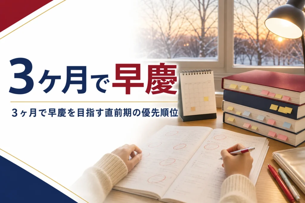 3ヶ月で早慶を目指す人向けに、直前期の優先順位を解説する記事のアイキャッチ