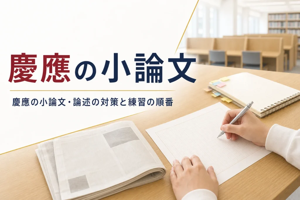慶應の小論文・論述の対策を、学部ごとの違いと練習の順番で解説する記事のアイキャッチ
