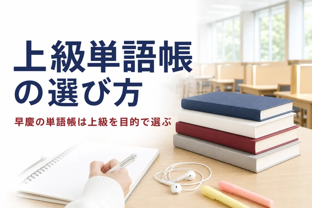 早慶向けの上級単語帳を、基本・上級・テーマ別の3段階で選ぶ方法を解説する記事のアイキャッチ