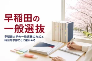 早稲田大学の一般選抜の方式・科目・日程の確かめ方を解説する記事のアイキャッチ
